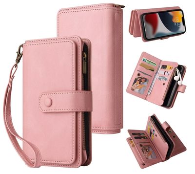 Belzsxy Wallet Flip Case for Samsung Galaxy A15, PU Leather, 15 Card Slots, Zipper Pocket, Magnetic Closure, Stand Function, Pink
