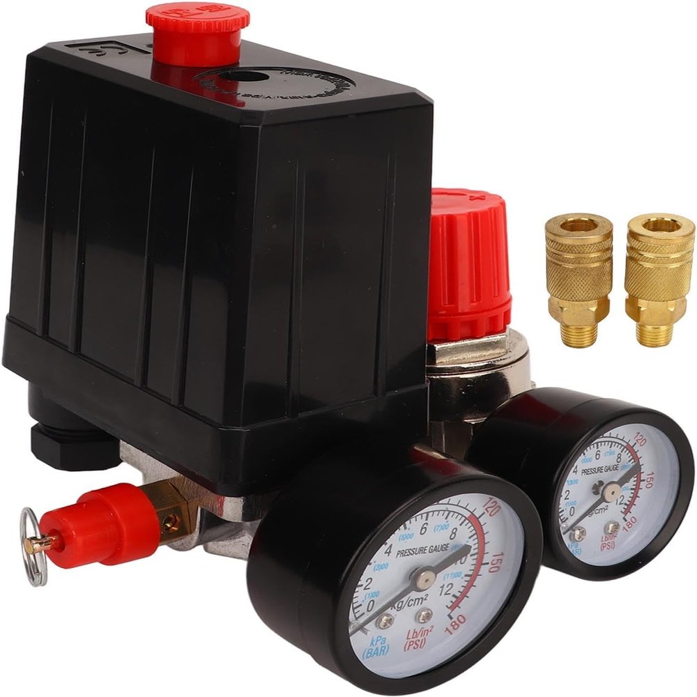 Air Compressor Pressure Switch Control Valve, 0–180 PSI, Automatic Pressure Regulator with Quick Connect, 3-in-1 Brass Valve