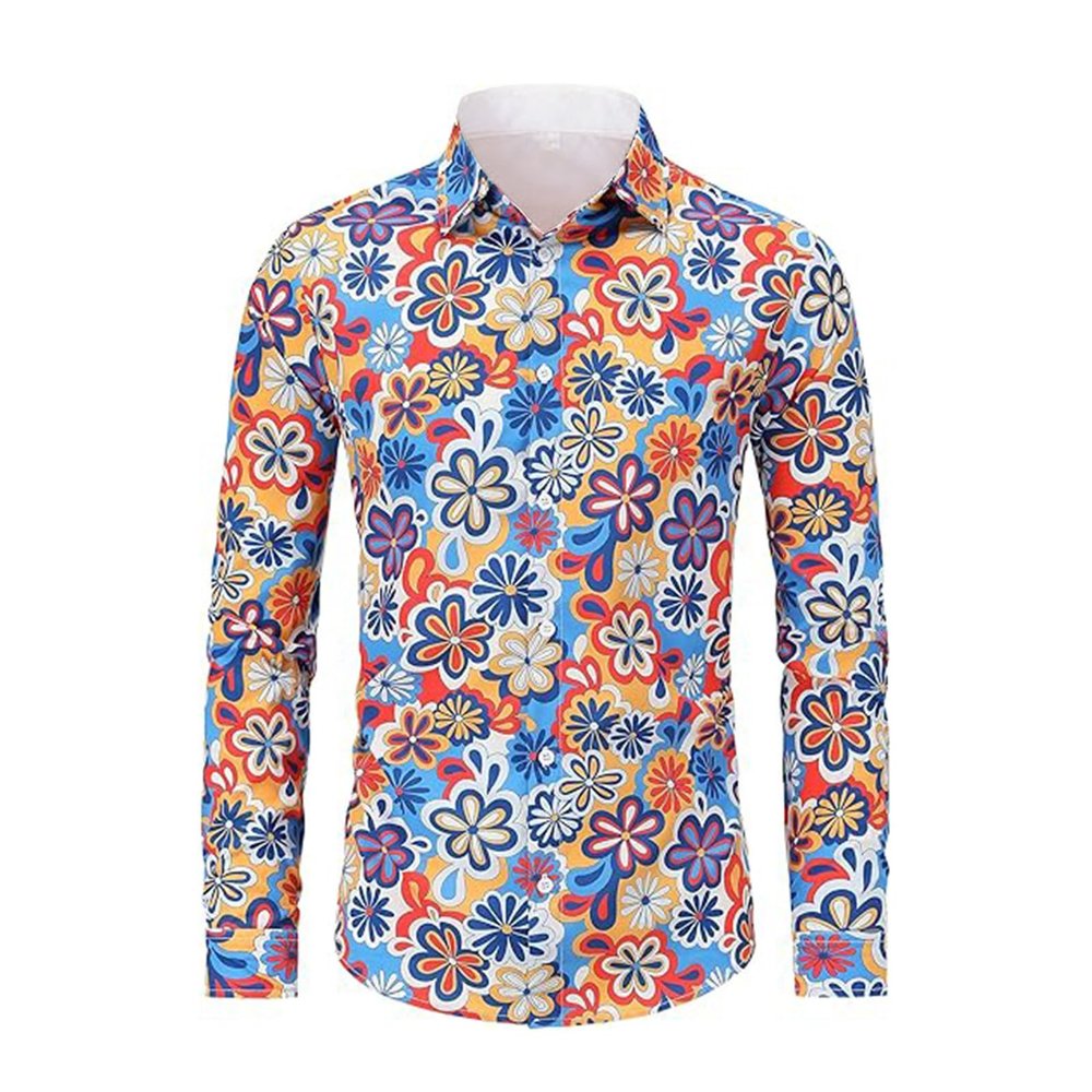 Men's 70s Hippie Shirt, Colorful Long-Sleeve Disco Party Shirt