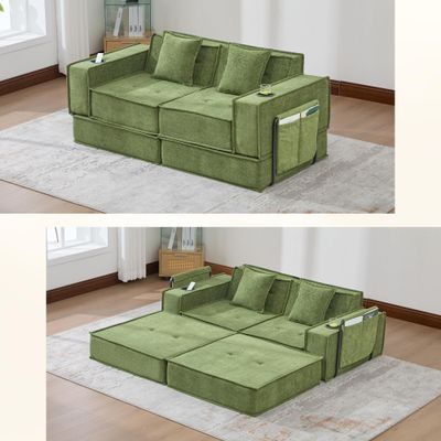 staronce 2-Seater Sleeper Sofa with Footstool, Modular Chenille Set, Green