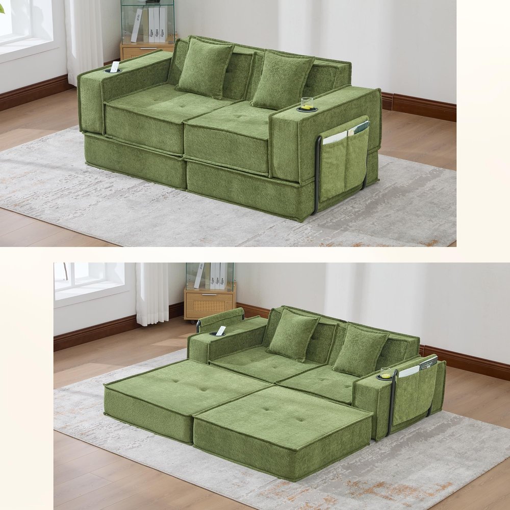 staronce 2-Seater Sleeper Sofa with Footstool, Modular Chenille Set, Green