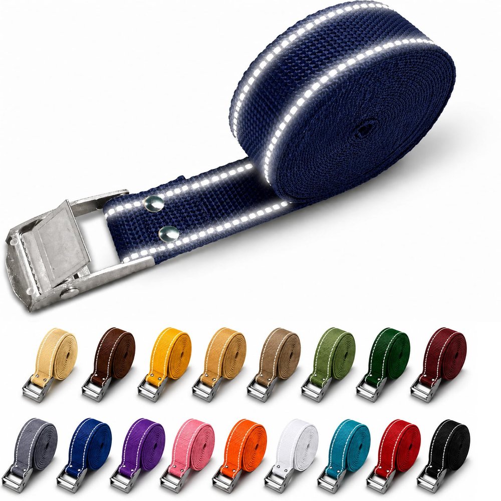 Reflective Tie-Down Strap 25 mm with Cam Buckle, 17 Colors, Length 110 m, Polyester Webbing, Color 058 Dark Blue, 25 mm x 9 m