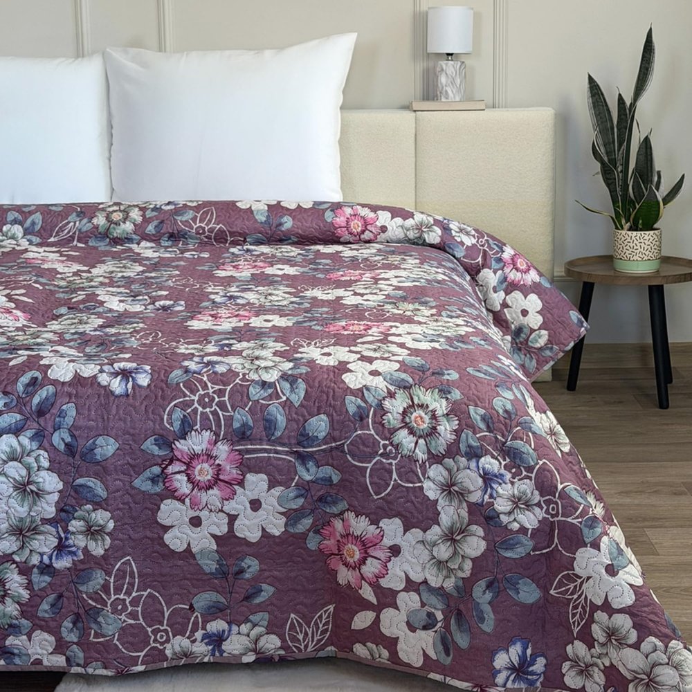 Euromat Quilted Bedspread, 220 x 240 cm, Purple/Pink Floral, F-8601 (No Pillowcases)