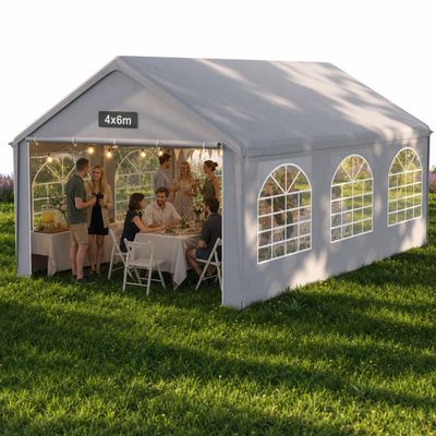 QEENTOE Party Tent 4 x 6 m, Waterproof UV Protection, Sturdy Garden Gazebo with Sidewalls and Windows, Winter-Ready PE Marquee for Weddings and Parties, Gray