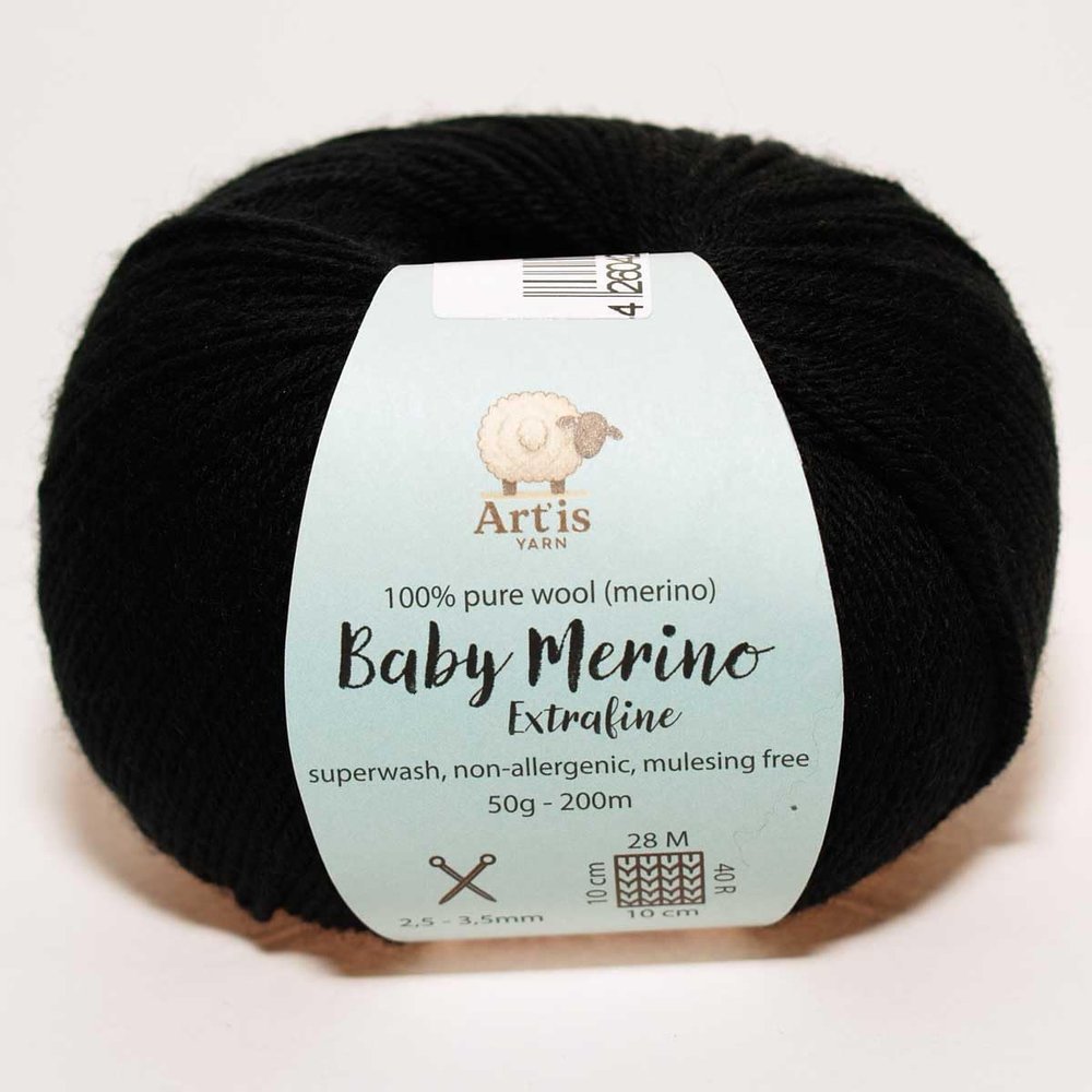 Baby Merino Extrafine Art'is Yarn 100% Wool | Mulesing-Free & Superwash (50g / 200m) (150 Black)