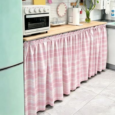 Kitchen Cabinet Curtain, Pleated Room Divider with Hooks, Self-Adhesive with Rail, Pink, 70 x 120 cm / 27 x 47 in