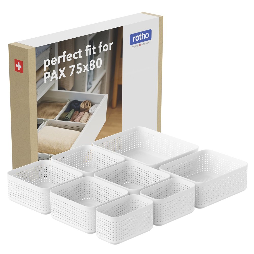 Rotho WOP Drawer Organizer Storage Bins, 8-Piece Set, Stackable, White