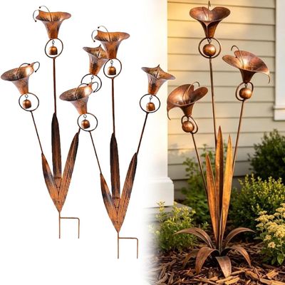 KOBONA Three Calla Lily Garden Stake, 2026 Flame-Finished Copper Sculpture with Bells, Handmade 61 cm Tall Flower Stake in Rustic Copper Look