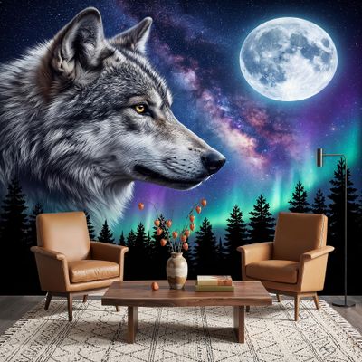 PaxGloz Wolf Starry Galaxy Sky Aurora Forest 3D Nonwoven Photo Wallpaper, 450 x 315 cm (W x H)