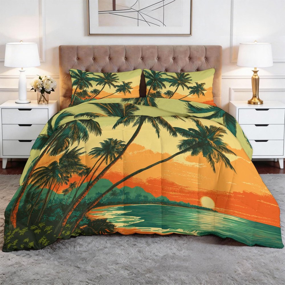 3D Sunset Beach Palm Tree Comforter Set, 220 x 240 cm, 4 Seasons