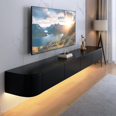 FGNIXLN Wall-Mounted TV Lowboard, 120–300 cm, Modern TV Cabinet for Living Room and Bedroom (Black-LED, 220 cm)