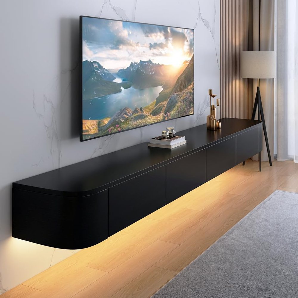 FGNIXLN Wall-Mounted TV Lowboard, 120–300 cm, Modern TV Cabinet for Living Room and Bedroom (Black-LED, 220 cm)