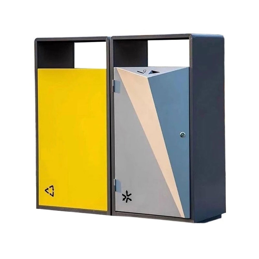Patio Waste Container, Double-Bin Metal Outdoor Trash Can for Public Areas