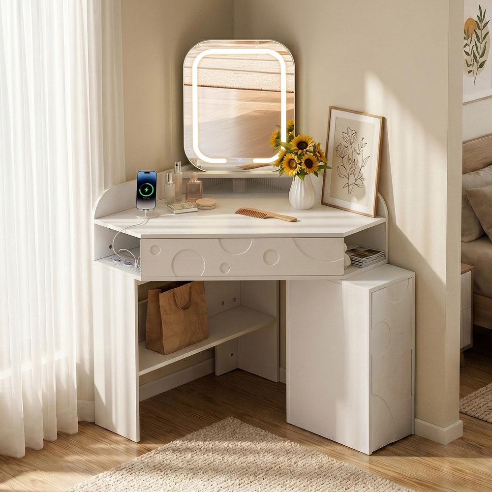 TUKAILAI Corner Vanity Table with Mirror, LED Lighting, Outlets and Movable Cabinet