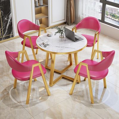 Generic Reception Counter, Negotiation Table, Round Retro-Style Furniture Table with PU Leather Chair and Metal Legs, Yellow