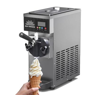 KIUYTQQ Commercial Soft-Serve Ice Cream Machine, 4–5 L/h, Automatic Cleaning and Pre-Cooling, LCD Display, Countertop
