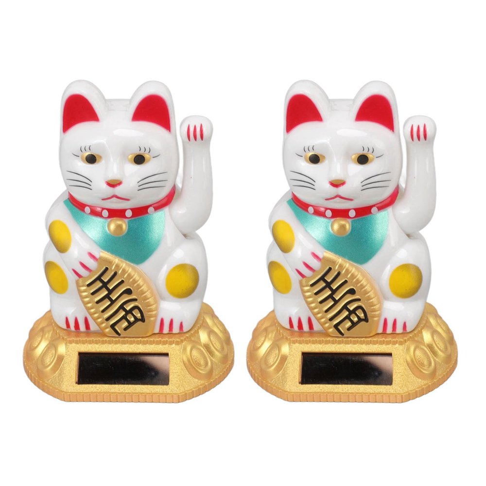 Agatige 2-Pack Solar-Powered Waving Lucky Cats, White, 3.15 x 1.77 x 1.77 in