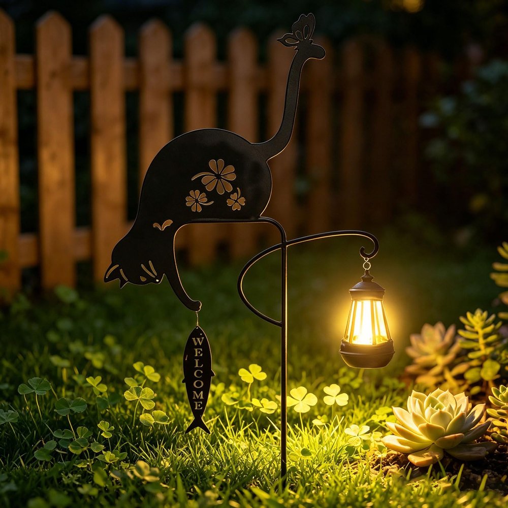 Xevinas Iron Cat & Dog Solar Garden Statues, Weather-Resistant Outdoor Decor