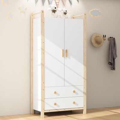 BTM 2-Door Wardrobe with Drawers, Clothes Rail and Upper Shelf, White and Khaki