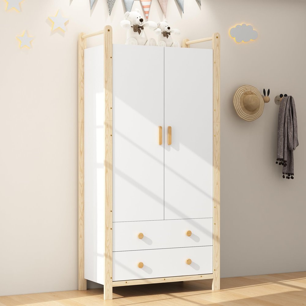 BTM 2-Door Wardrobe with Drawers, Clothes Rail and Upper Shelf, White and Khaki