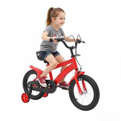 YUYUZI 14-Inch Kids' Bike with Training Wheels – Height-Adjustable Learning Bike for Ages 3+ with Hand Brake and Bell, Red