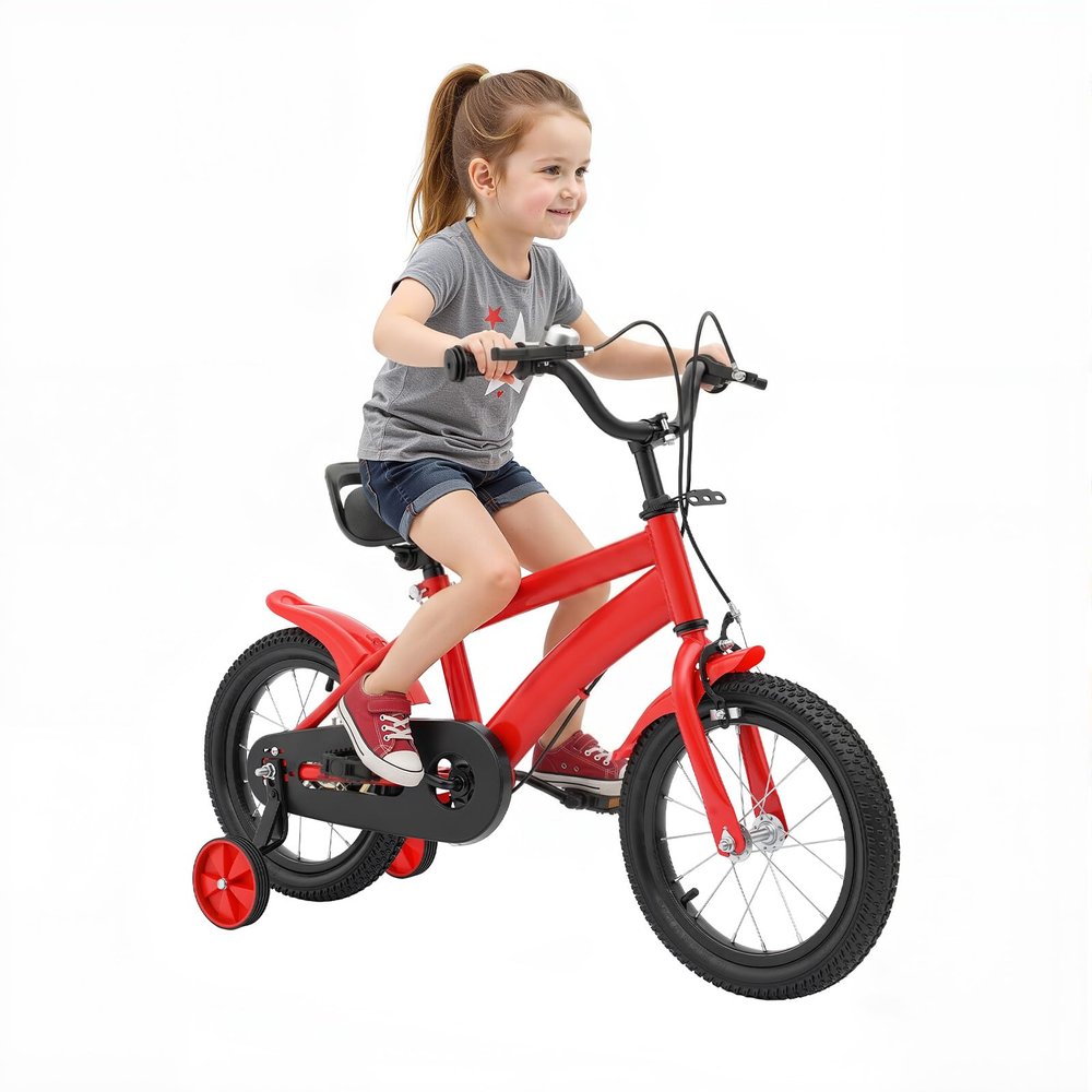 YUYUZI 14-Inch Kids' Bike with Training Wheels – Height-Adjustable Learning Bike for Ages 3+ with Hand Brake and Bell, Red
