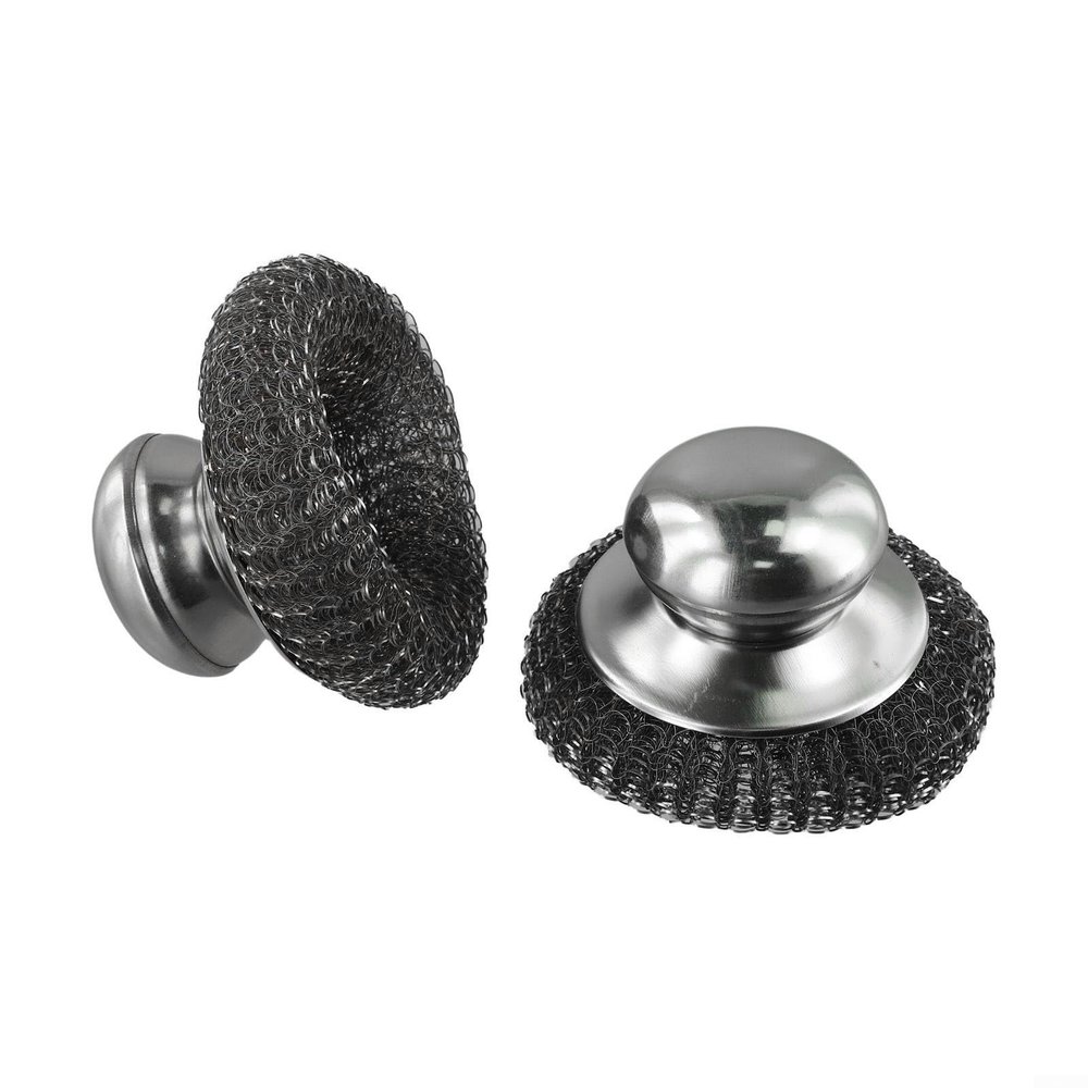 Stainless Steel Wool Brush with Ergonomic Handle, 2 Replacement Heads - 10 cm Diameter for Pots, Pans, Woks, Sinks, Kitchen Cleaning