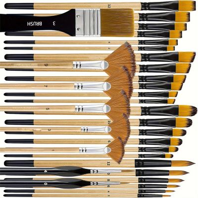 32-Piece Paint Brush Set with Wooden Handles and Soft Nylon Bristles