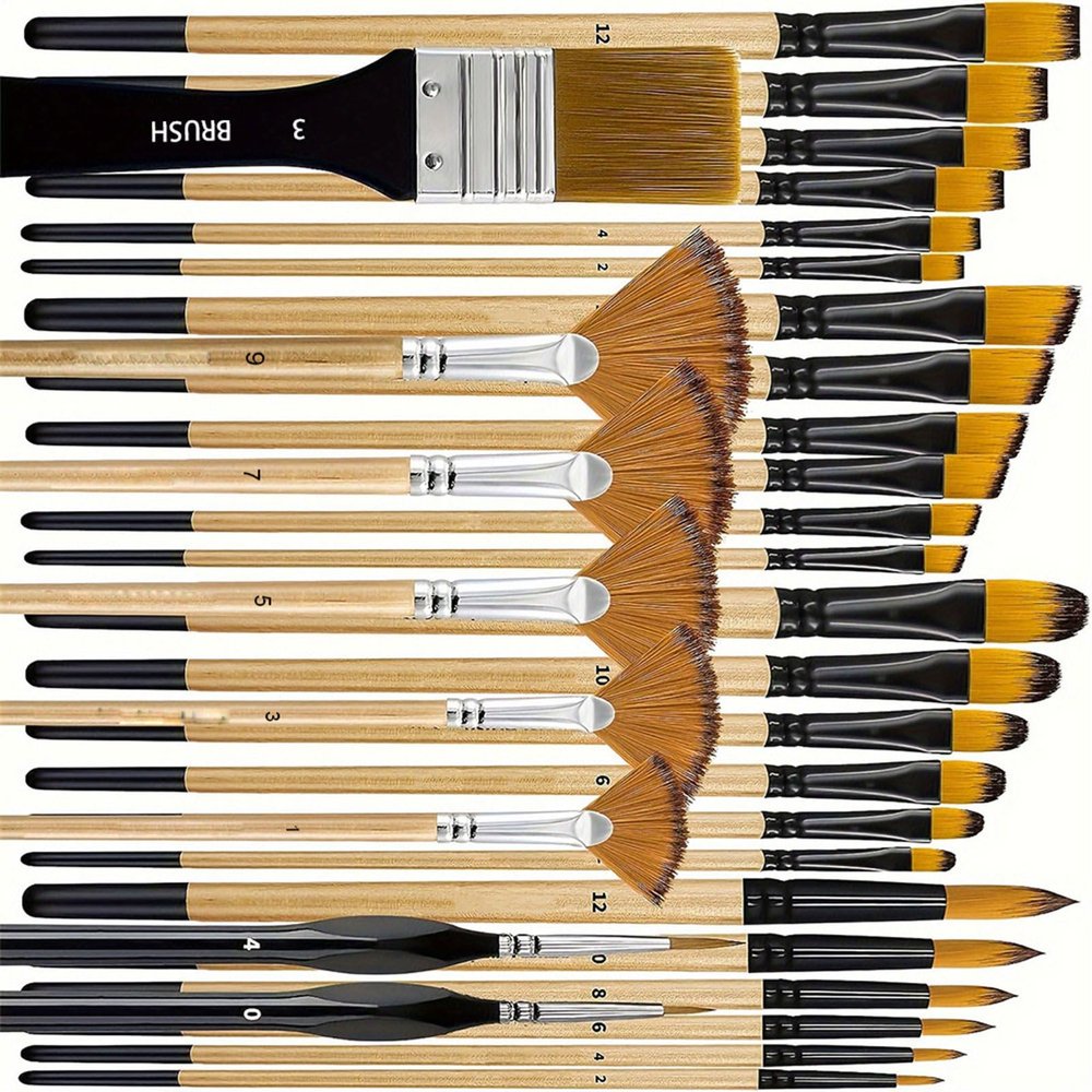 32-Piece Paint Brush Set with Wooden Handles and Soft Nylon Bristles