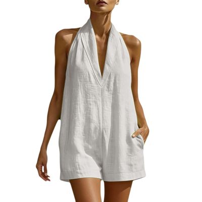 Caxndycing Women's Elegant Cotton-Linen Jumpsuit with Drawstring Waist, Sleeveless V-Neck and Wide Legs