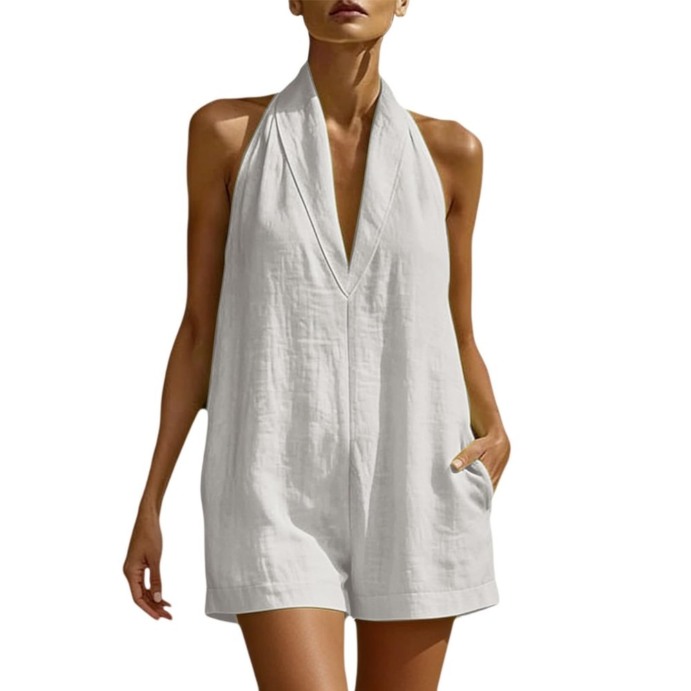 Caxndycing Women's Elegant Cotton-Linen Jumpsuit with Drawstring Waist, Sleeveless V-Neck and Wide Legs