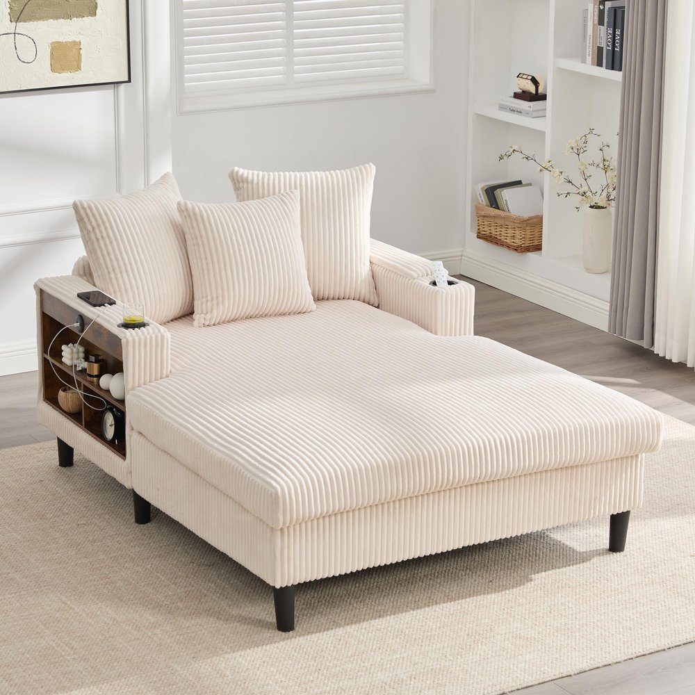 NuvlaGu Corduroy Lounge Chair with Chaise, LED Lighting, USB Port and Storage, Beige