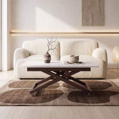 WFL GROUP AXEN Height-Adjustable Extendable Coffee and Dining Table with Casters, Brown X-Frame, 120 x 80 to 160 x 80 cm, White