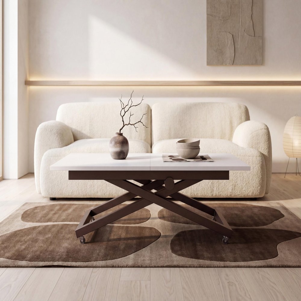 WFL GROUP AXEN Height-Adjustable Extendable Coffee and Dining Table with Casters, Brown X-Frame, 120 x 80 to 160 x 80 cm, White