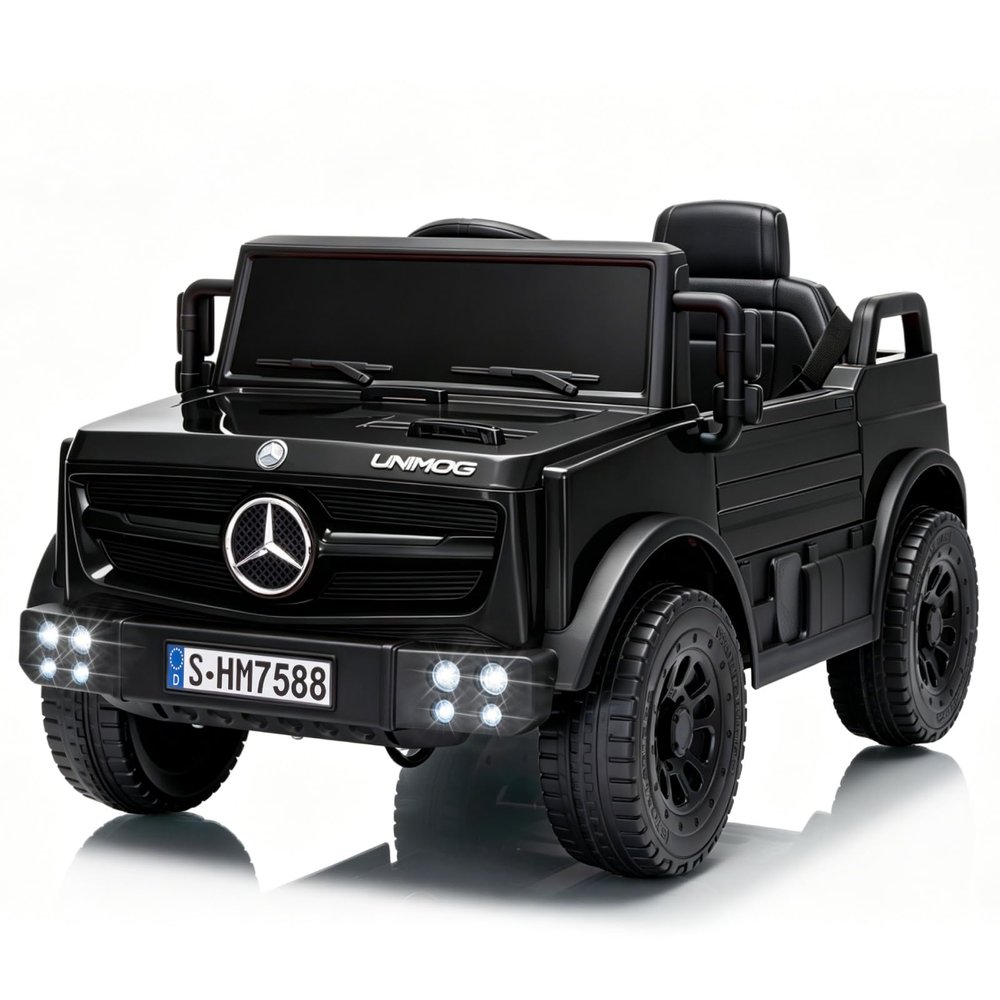 TCARAIWEN Licensed Mercedes-Benz Unimog Ride-On Car for Kids, 12V Electric Vehicle Ages 3-6, Remote Control, 3-Point Seat Belt, Bluetooth, 5 km/h, Black