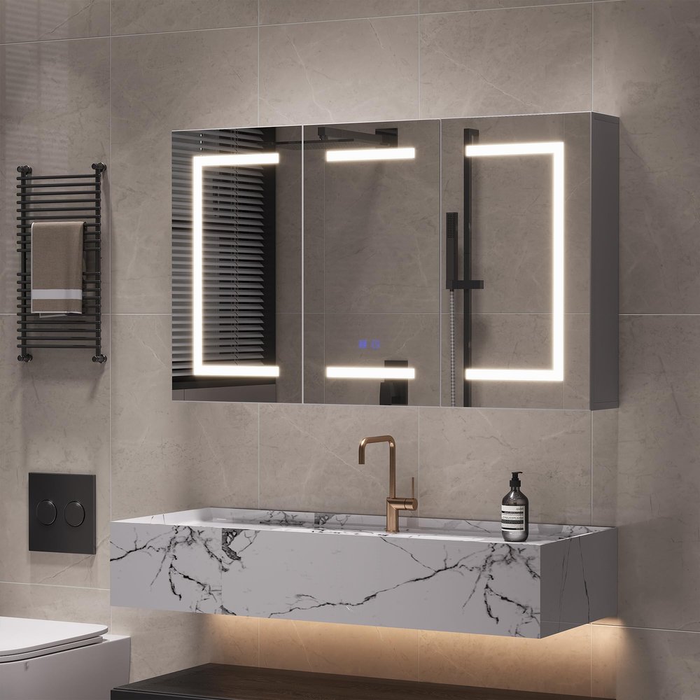BestAlice Bathroom Mirrored Cabinet, Wall-Mounted, 3 Doors, Adjustable Shelves, White, 100.4 x 60 x 13.5 cm