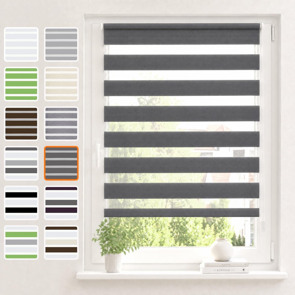Vkele Double Roller Blind, No Drilling Required, Anthracite, 40 × 190 cm (W × H)