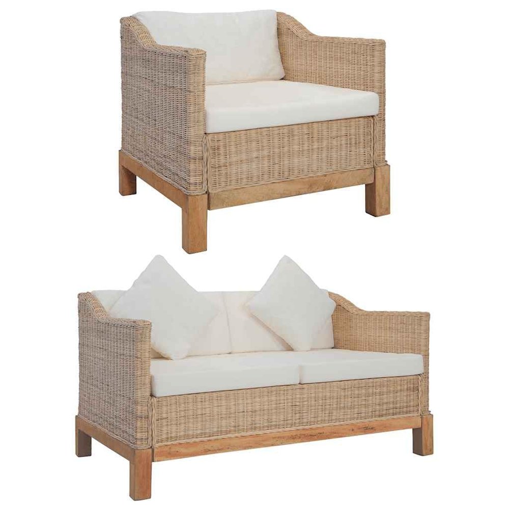 2-Piece Sofa Set with Cushions, Natural Rattan