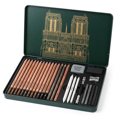 Professional Sketch Pencil Set in Dark Green Metal Box
