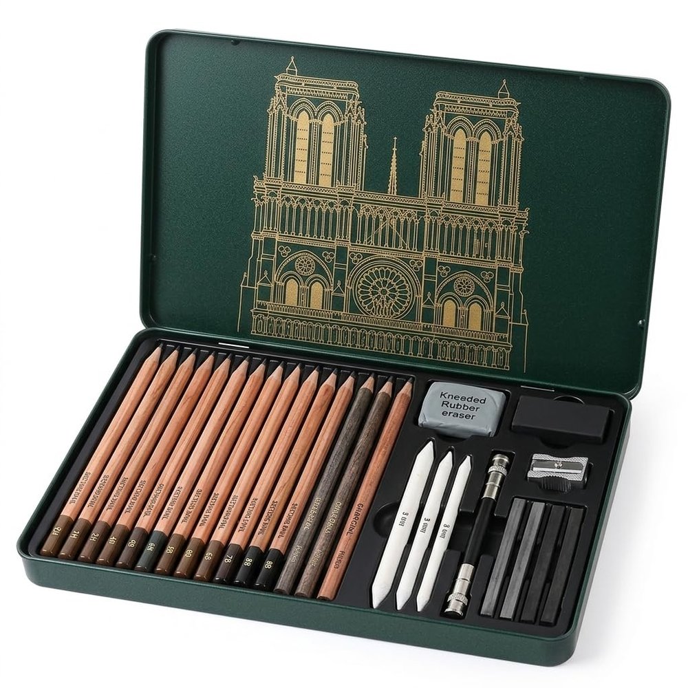 Professional Sketch Pencil Set in Dark Green Metal Box