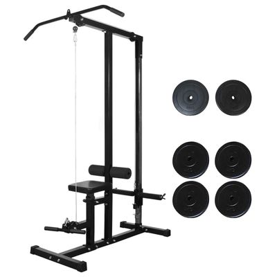 All-in-One Weight Station with Lat Pulldown Tower, 40 kg Weight Plates, Adjustable Leg Curl, and Safety Bars