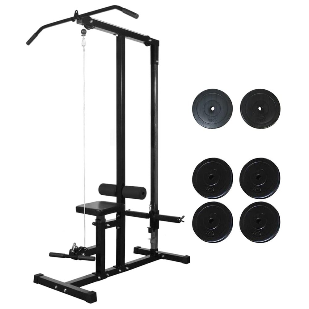 All-in-One Weight Station with Lat Pulldown Tower, 40 kg Weight Plates, Adjustable Leg Curl, and Safety Bars