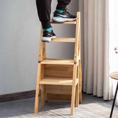 Folding Wooden Ladder Chair, 4-Step Multifunctional Stool