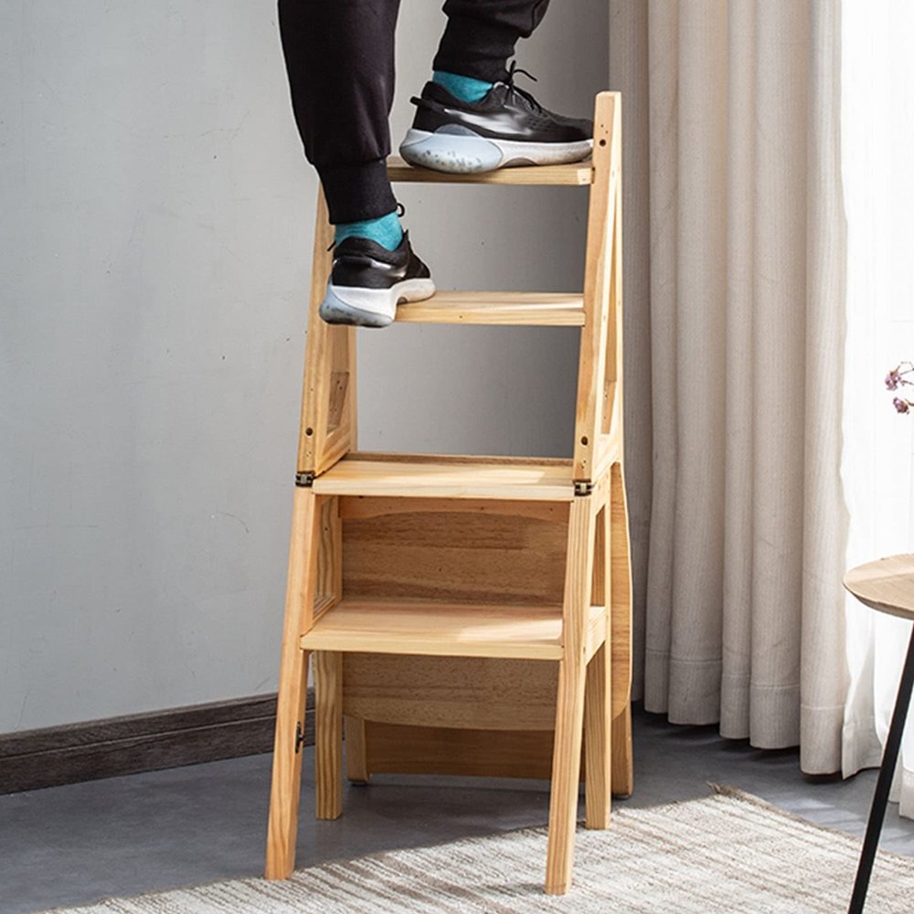 Folding Wooden Ladder Chair, 4-Step Multifunctional Stool