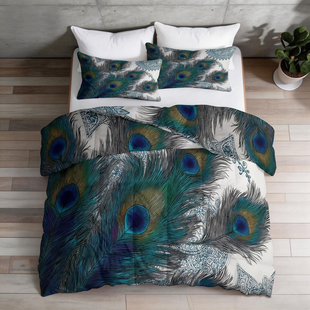 4 Seasons Duvet 200 x 220 cm with 80 x 80 cm Pillowcases, Luxury Peacock Feather Paisley Mandala Microfiber All-Season Quilt, Breathable, Lightweight, Washable, White