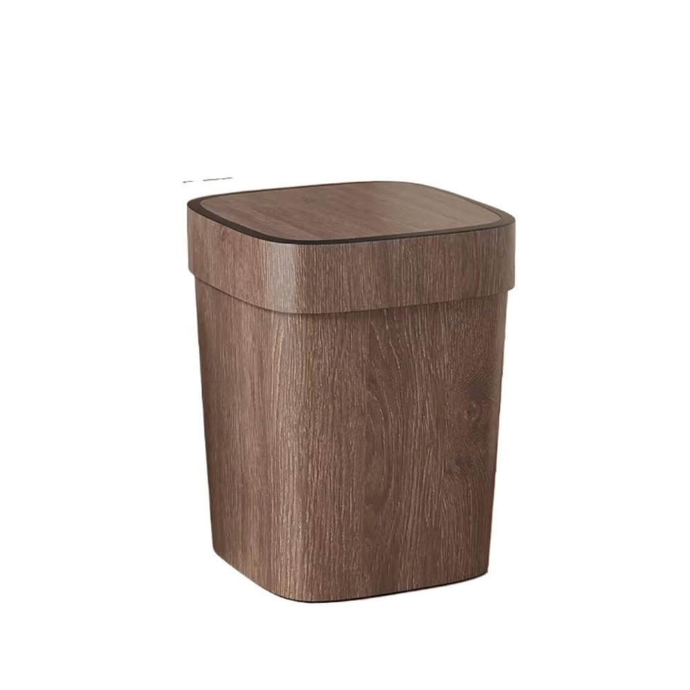 Walnut-Colored Household Trash Can with Lid