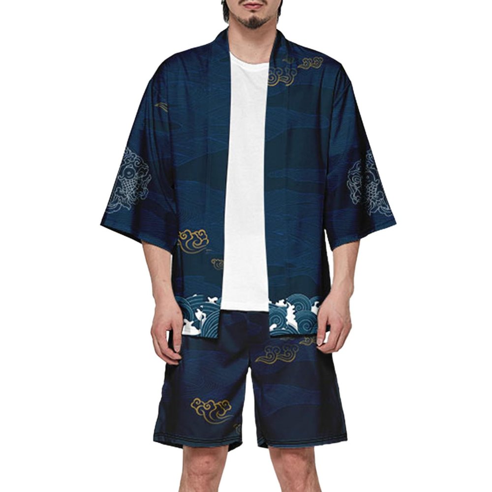 Men's Japanese-Inspired Kimono Set with 3/4-Sleeve Cardigan and Harem Pants
