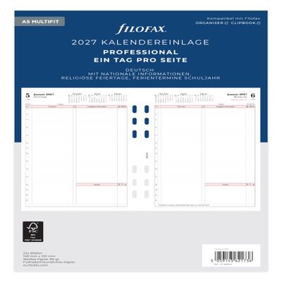 Filofax A5 Professional Calendar Refill, 1 Day per Page, German, 2027