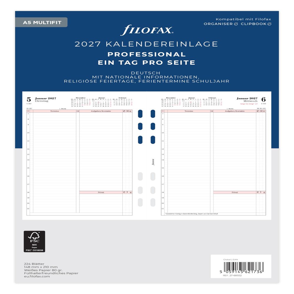 Filofax A5 Professional Calendar Refill, 1 Day per Page, German, 2027