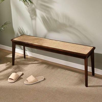 2-Seater Wooden Entryway Bench with Rattan Seat
